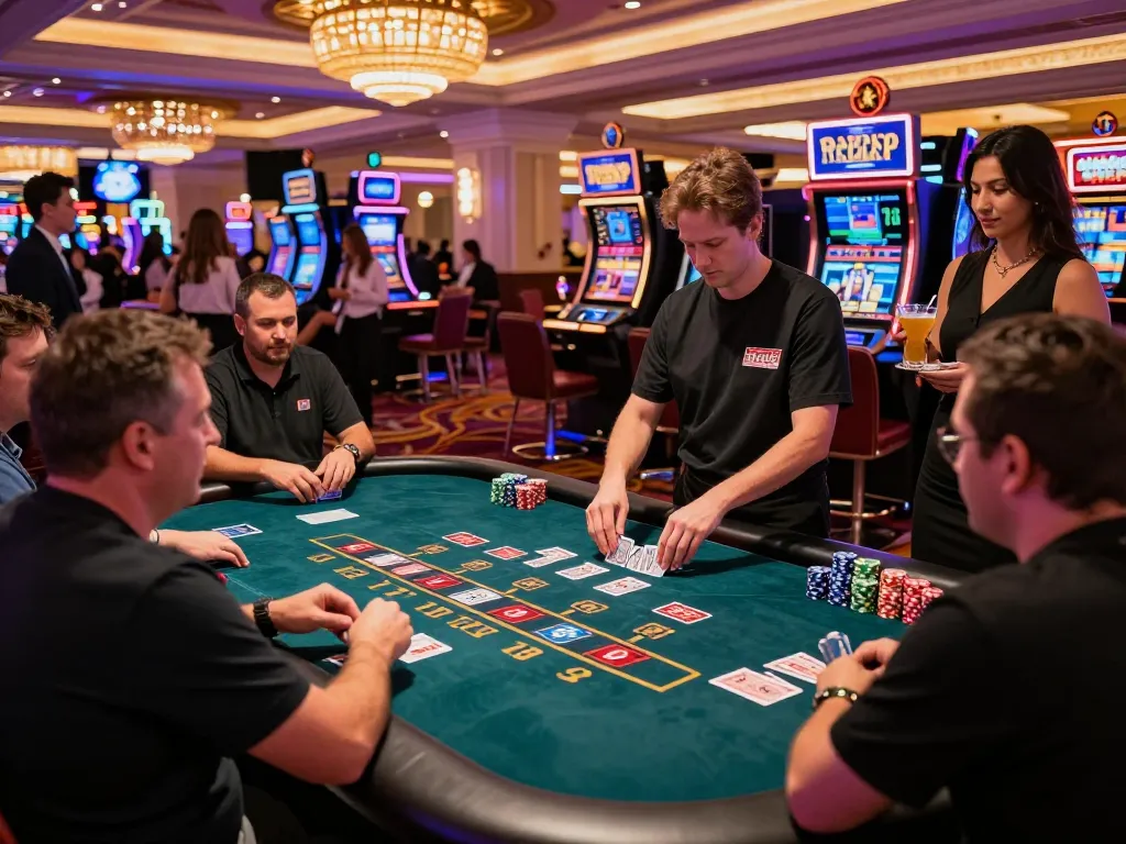Players enjoying blackjack at a lively SC88 casino in Las Vegas with vibrant atmosphere
