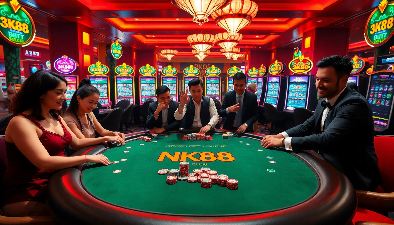 Players enjoying poker at an NK88-branded casino table with vibrant atmosphere.