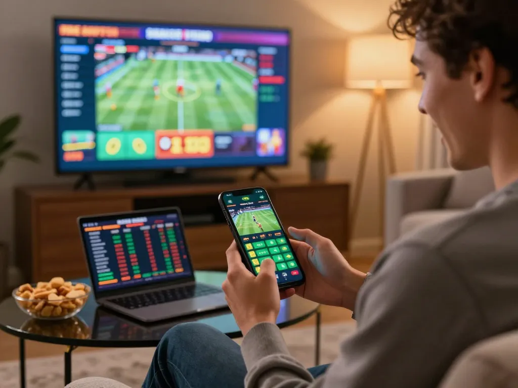 Engaging moment of sports betting with Thể thao sbotop on a smartphone in a cozy setup.