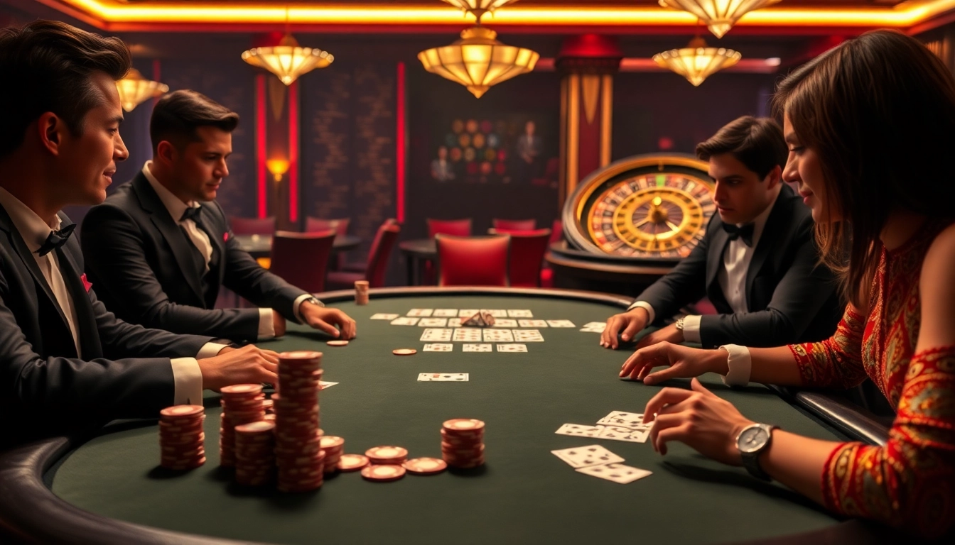 Engaged players at an 8XX poker table in a luxurious casino, highlighting excitement and strategy.