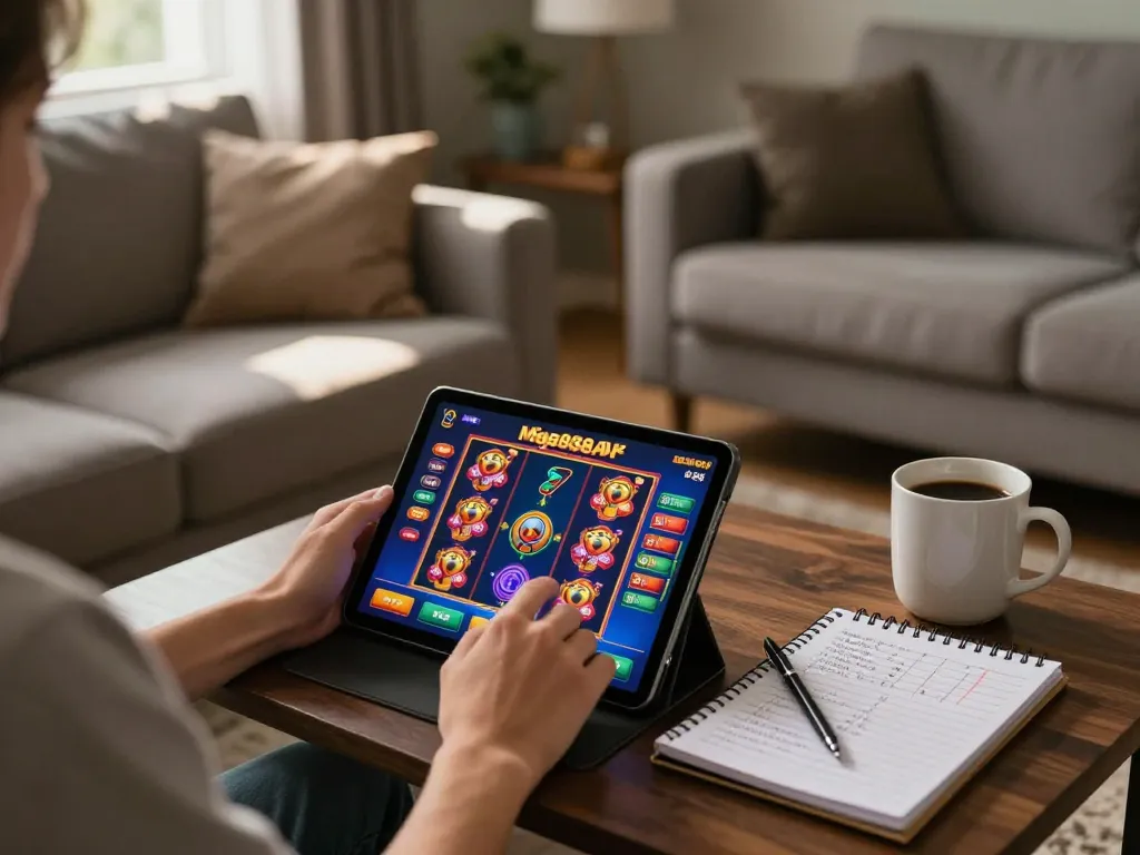 Mega888 APK gameplay on tablet during an engaging home gaming session with a cozy atmosphere.
