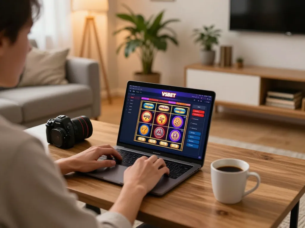 VSBET online gambling scene with a user engaging on a laptop in a cozy home setup.