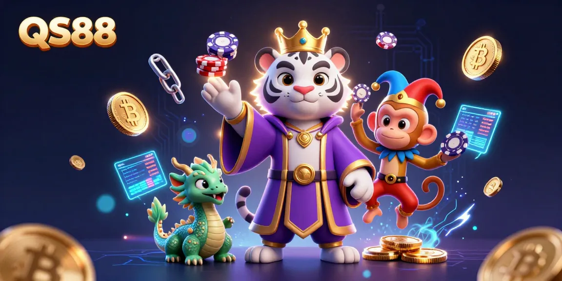 Experience the thrill of winning with QS88, featuring a royal tiger, monkey, and jade dragon, surrounded by vibrant casino elements.