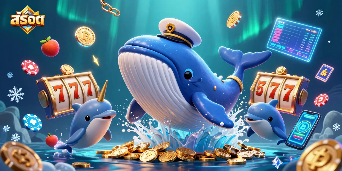Spin the reels for big wins in สล็อต with playful dolphins and a giant whale in a sea of coins.