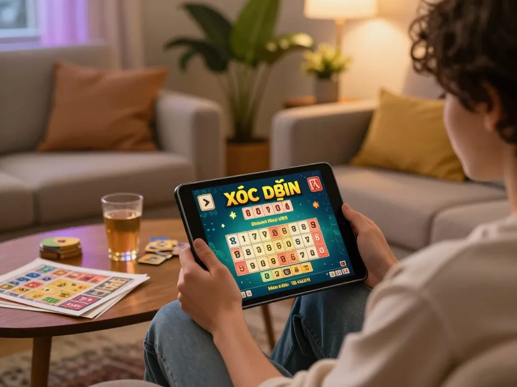 xóc đĩa game displayed on a tablet in a cozy home gaming setup, emphasizing online gambling