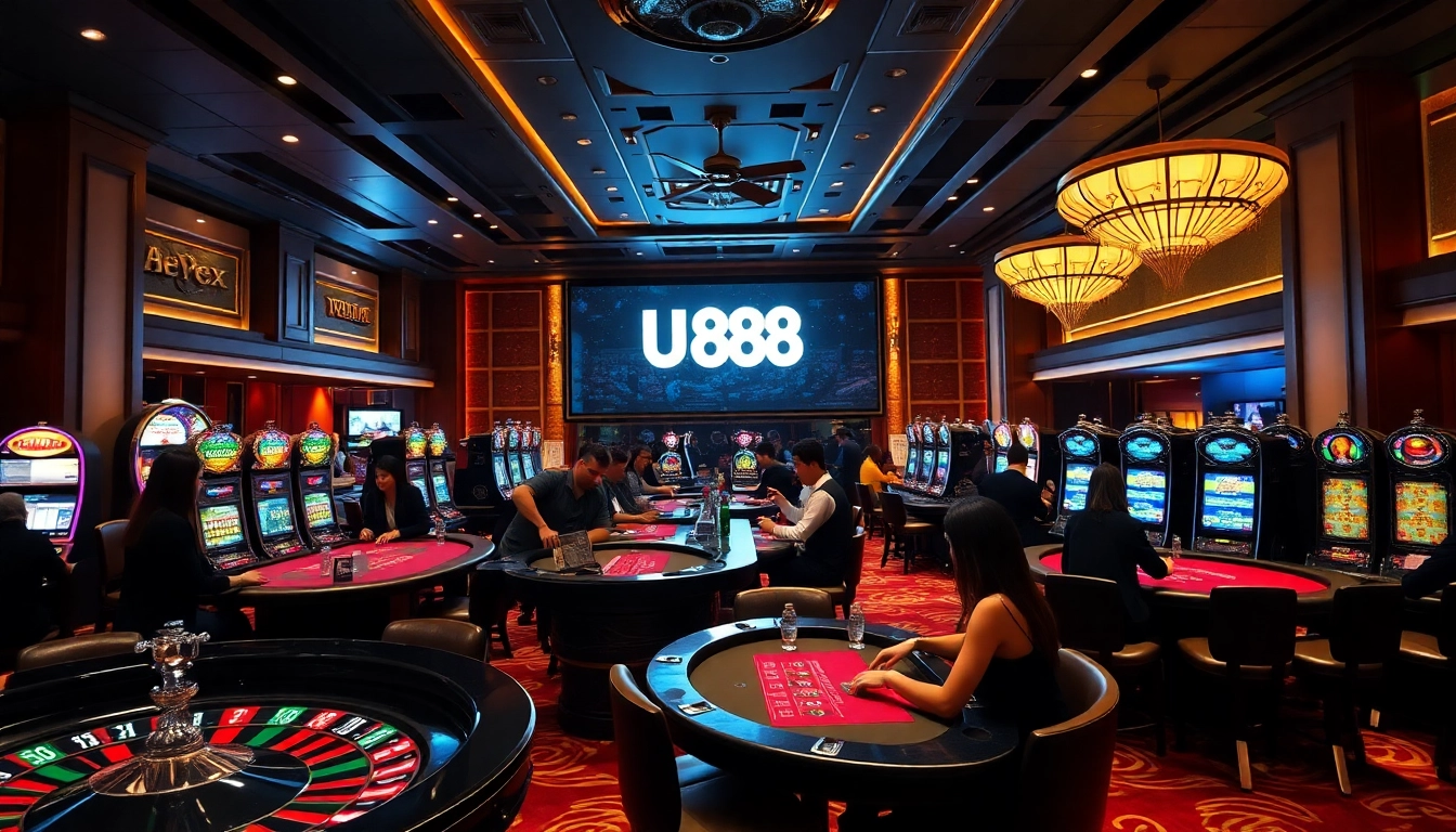 Engate in exciting casino games at U 888 with roulette, poker tables, and vibrant slot machines.