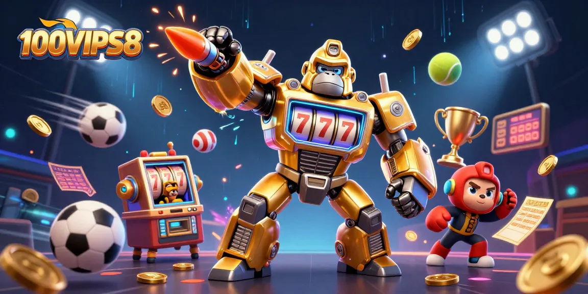 100VIPS8 features a vivid 3D illustration showcasing a golden gorilla mech with dynamic sports elements, perfect for gamblers.