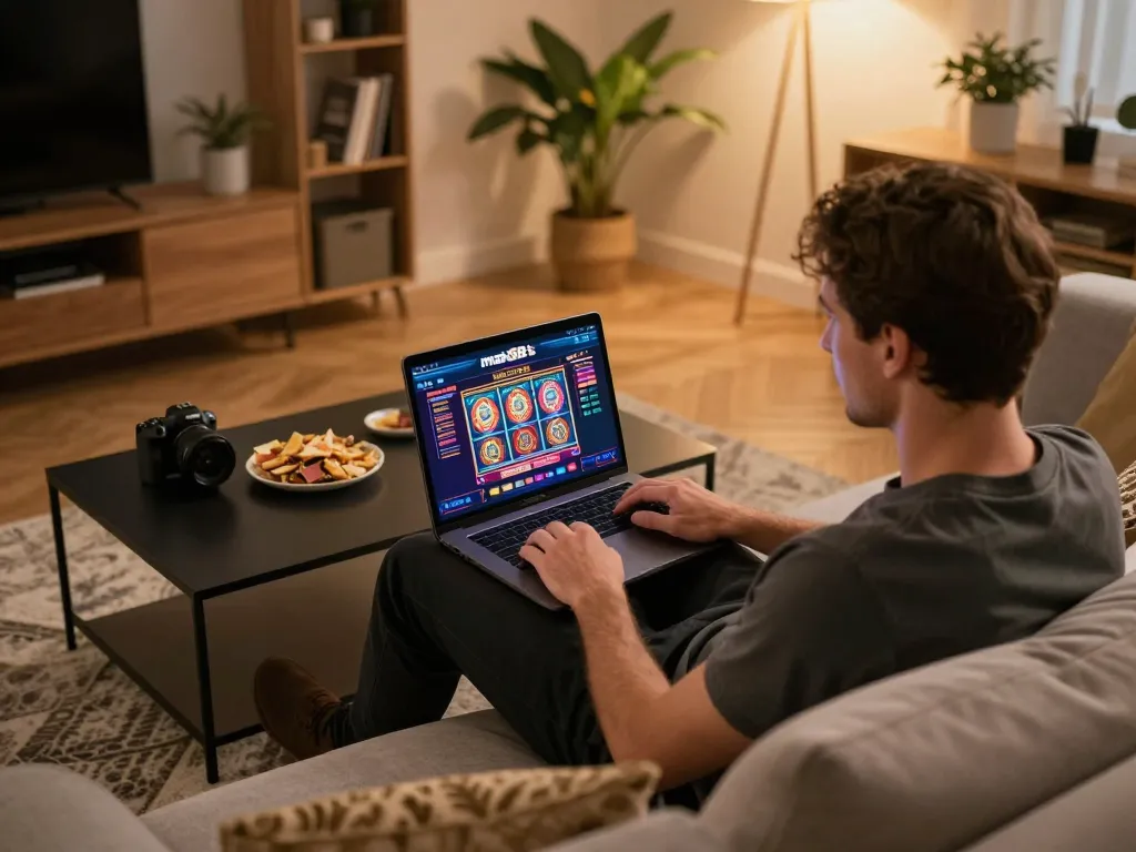 Engaging gamer using max88's platform on a laptop at home, showcasing a responsible gambling environment