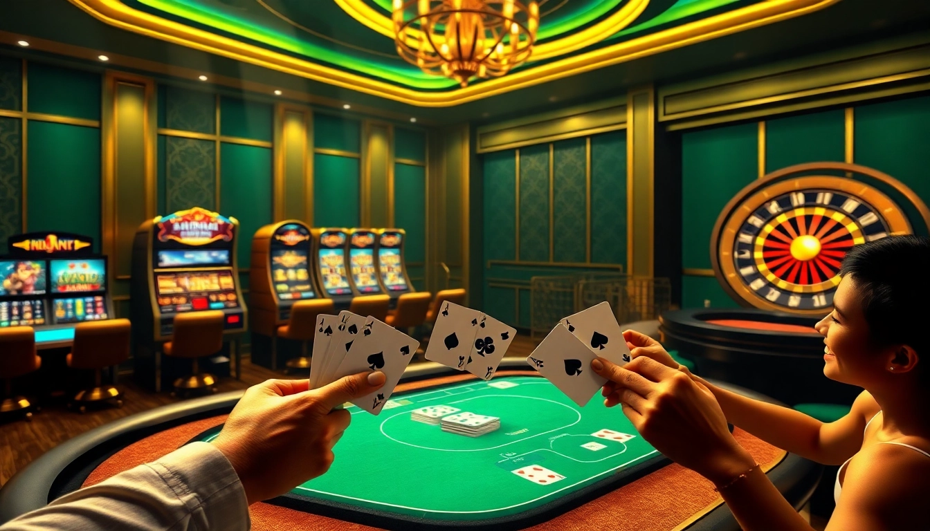 Play engaging games at Nhà cái 8DAY, featuring lively poker tables, colorful slot machines, and immersive roulette wheels.