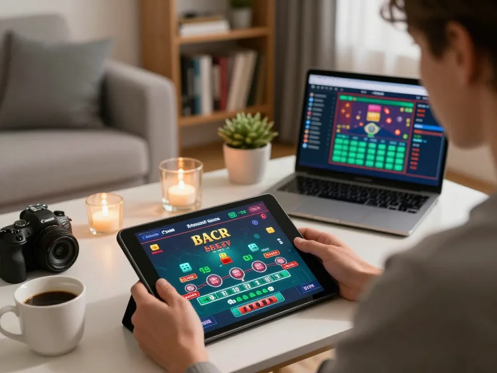 Player enjoying fc88 online baccarat game while tracking betting statistics in a cozy setting.