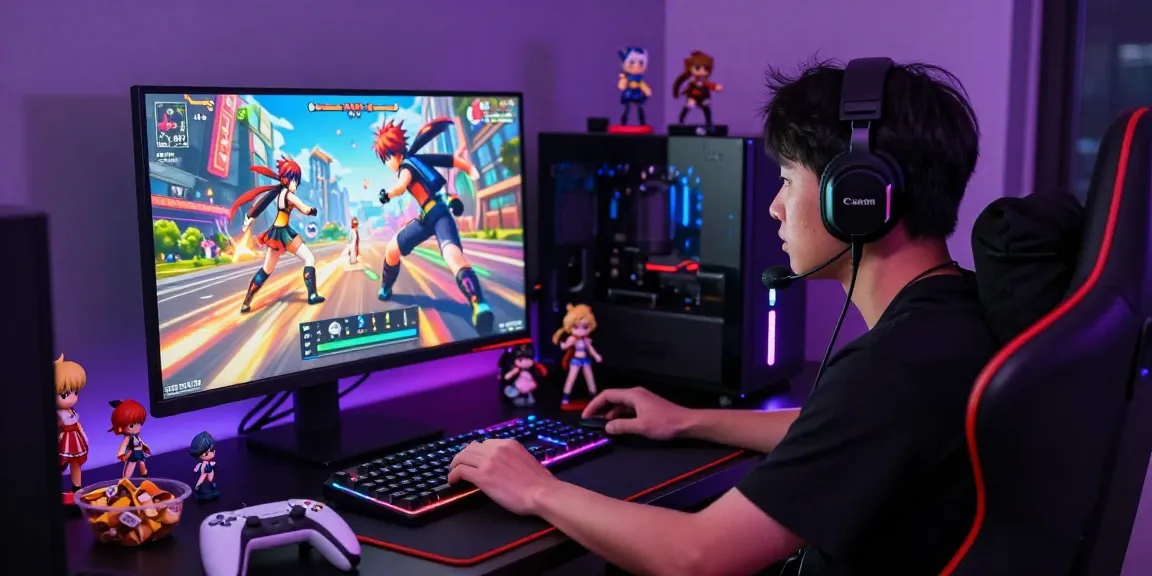 Engaged gamer playing a hentai game on a vivid gaming setup with LED lights.