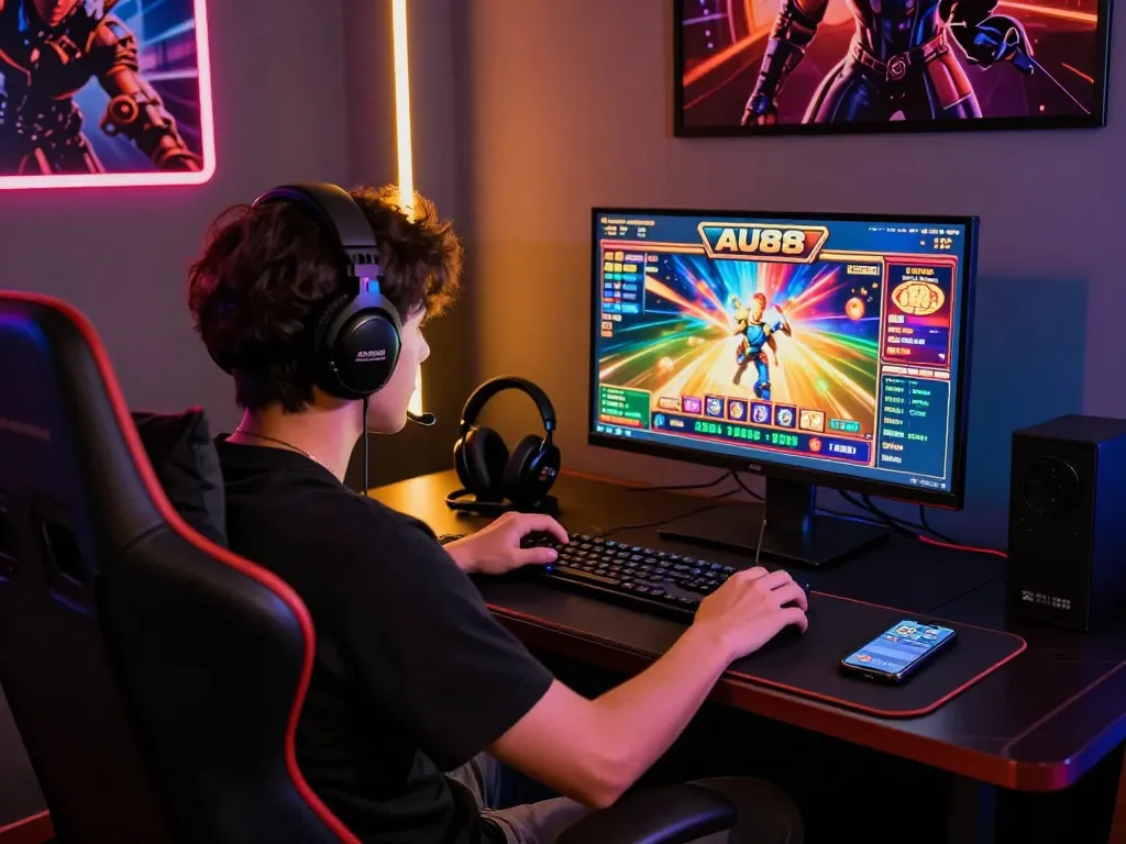 Player gaming intensely on AU88 slot game with vibrant screen, headset, and gaming setup.