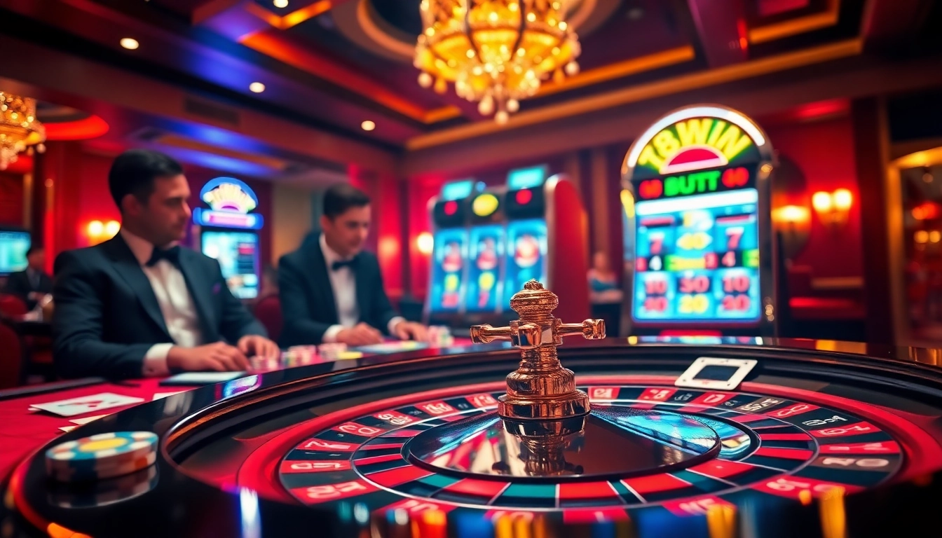 Enthusiastic players enjoying 78WIN branded casino games at a luxurious roulette table