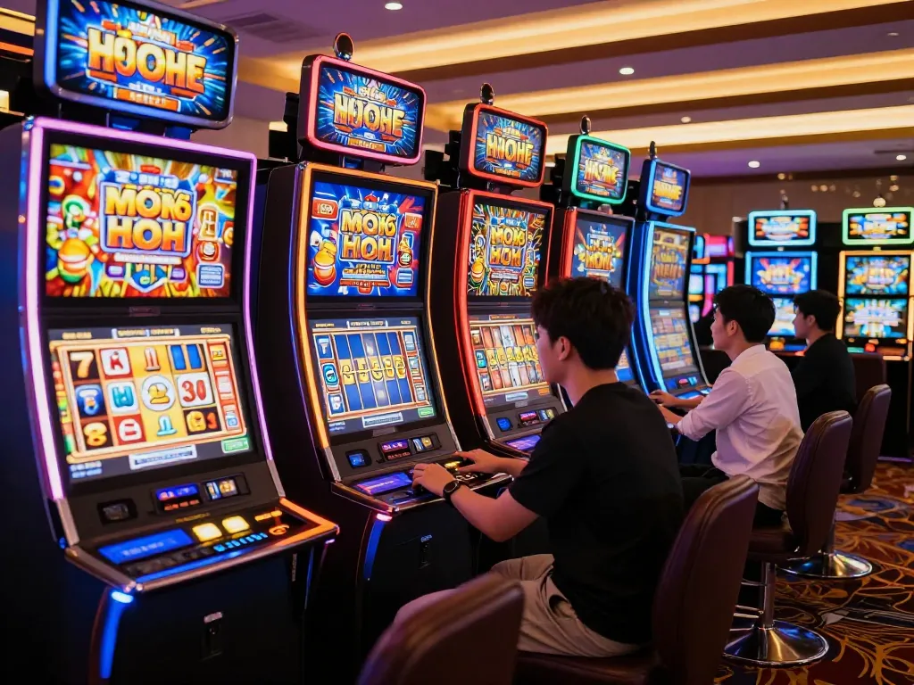 Nổ hũ players enjoying dynamic slot machines in a vibrant casino atmosphere with engaging gameplay