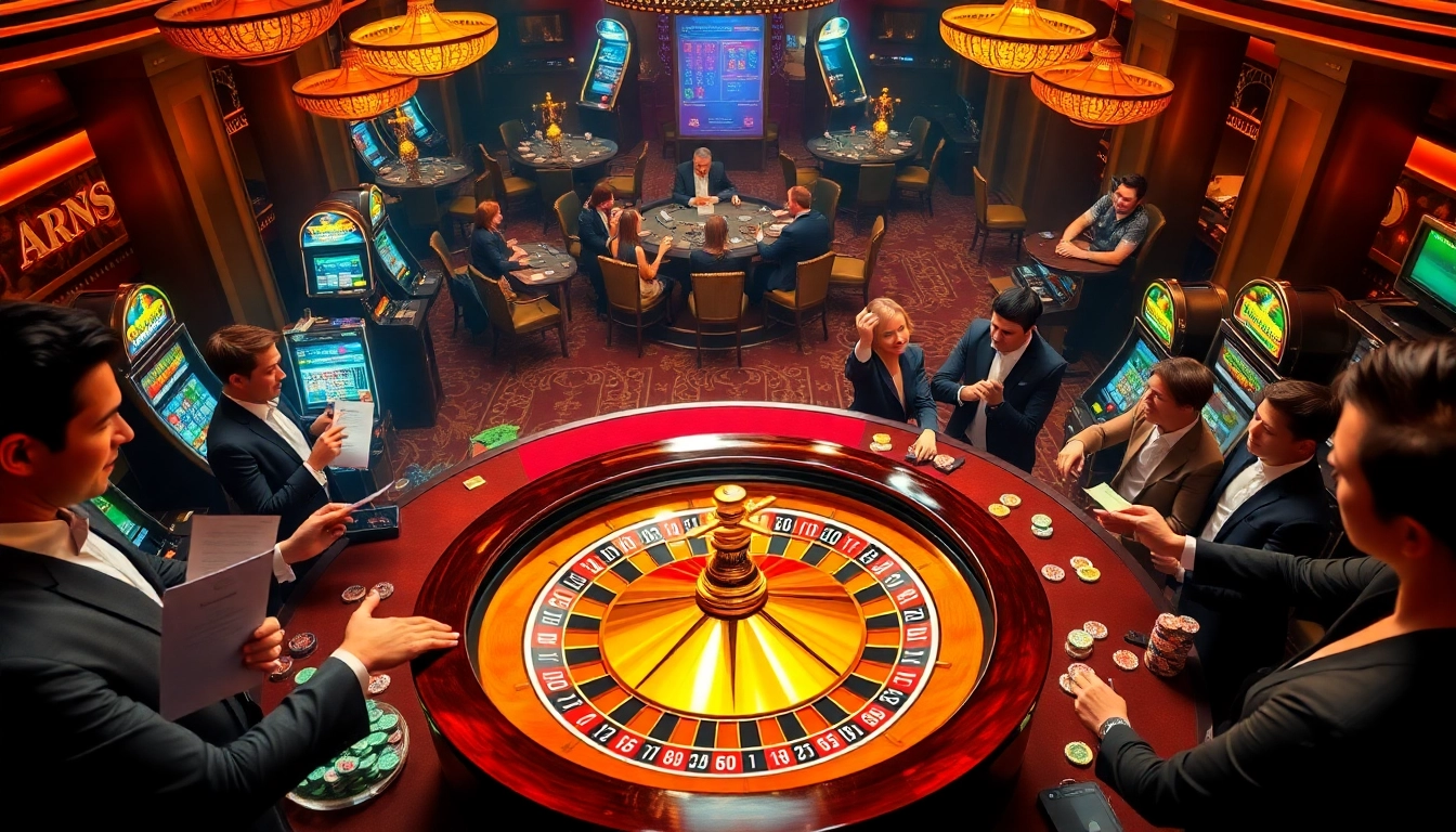 Experience the thrill of jbo.com with players enjoying roulette and slot games in a vibrant casino.