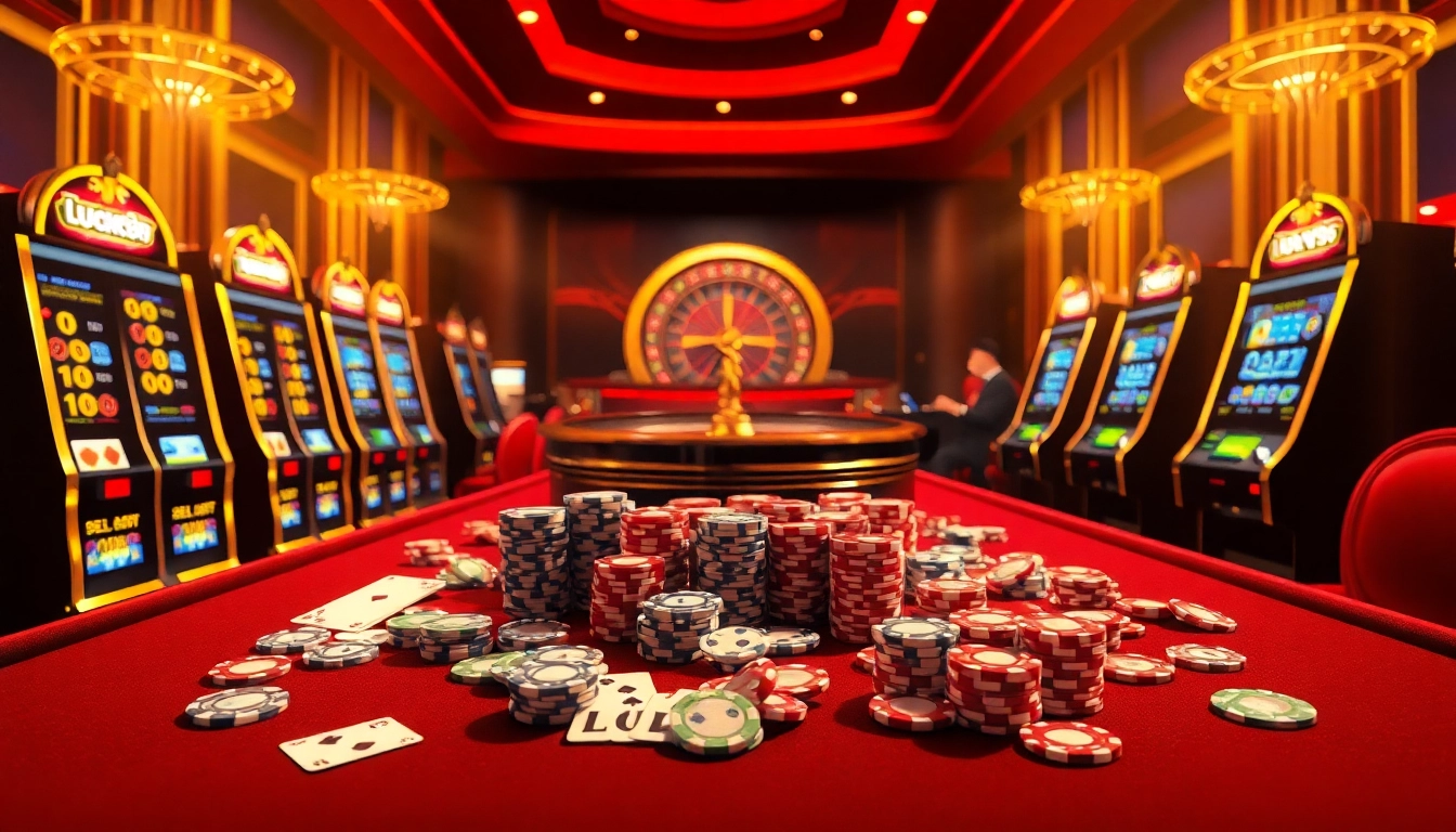 Lucky88 players enjoying vibrant slot machines and engaging poker action in a luxurious casino.