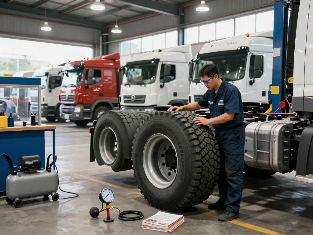 Skilled technician inspecting Double Coin RR99 tire in truck maintenance facility