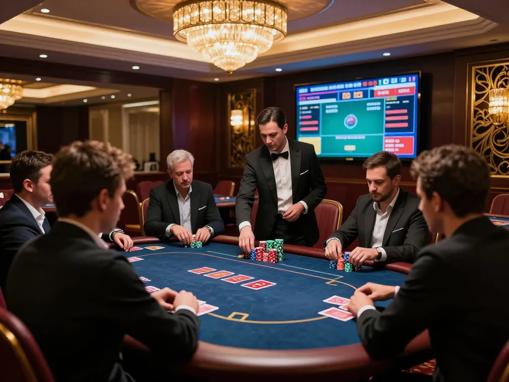 MM 88 elevated poker game in an exclusive casino setting, showcasing focused players and vibrant ambiance.