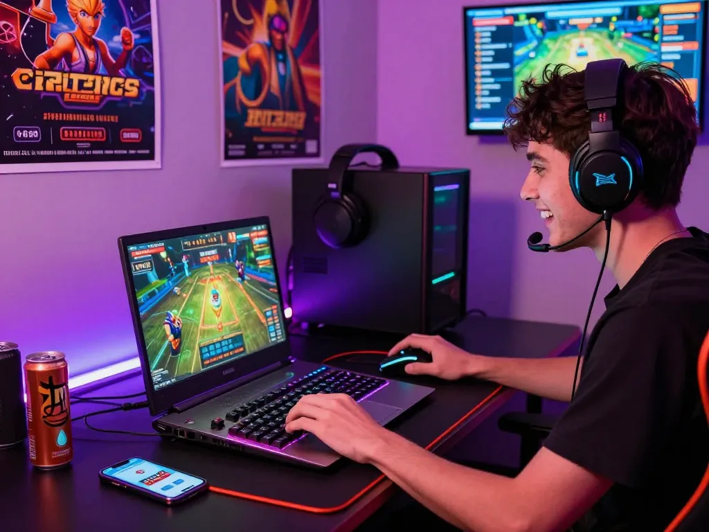 Engaging gamer downloading tải hit club app on a modern laptop in a vibrant gaming setup.
