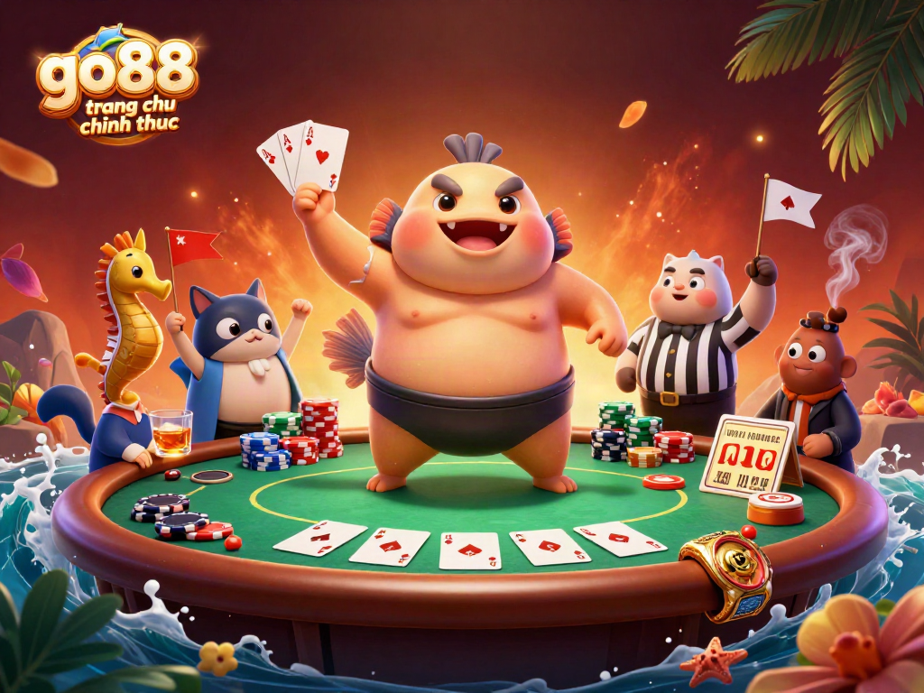 Experience the excitement of go88 trang chu chinh thuc with a lively underwater casino scene featuring vibrant characters and rich gambling elements.
