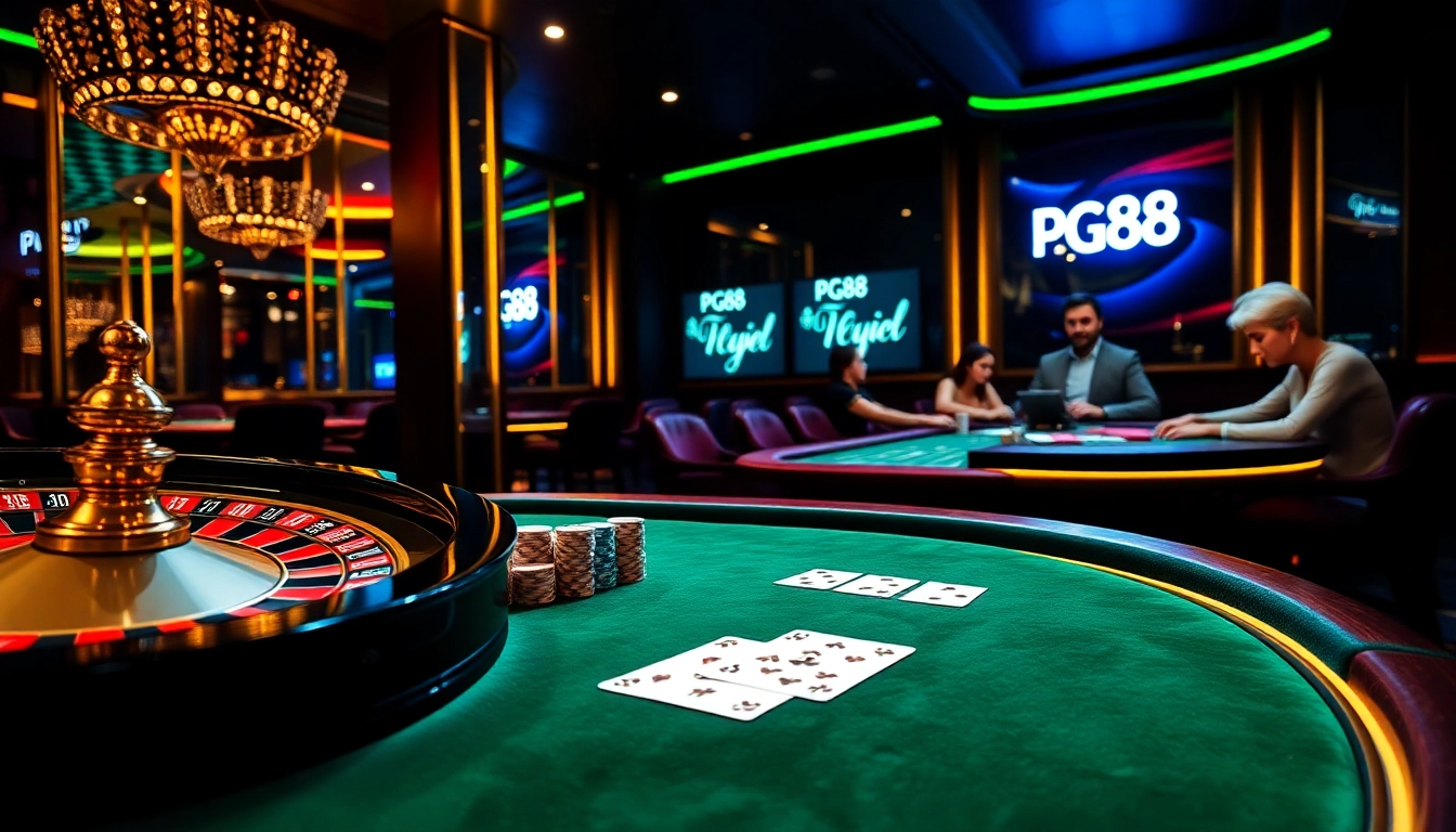 PG88 online casino interface with players enjoying poker and roulette in a lavish setting.