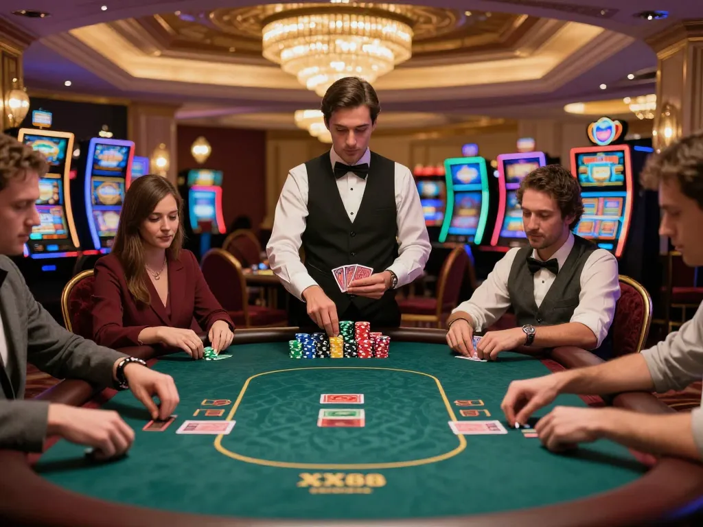 Experience thrilling poker gameplay at XX88 casino with vibrant atmosphere and professional dealers.