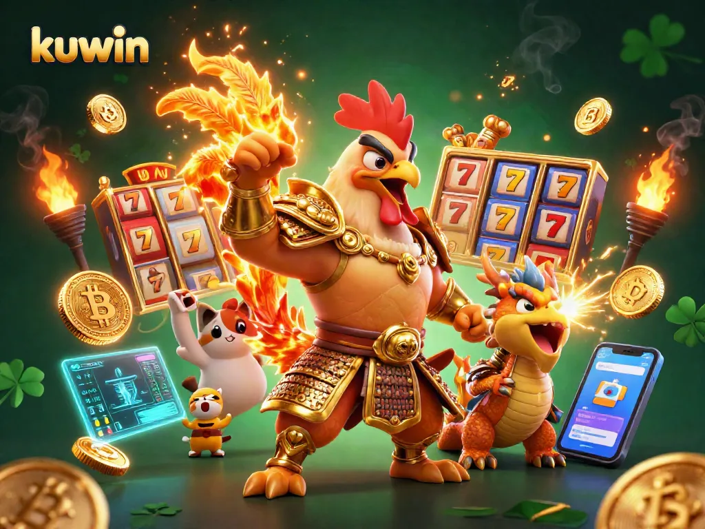 Kuwin slots feature exciting rewards with a powerful rooster warrior beside gold coins.