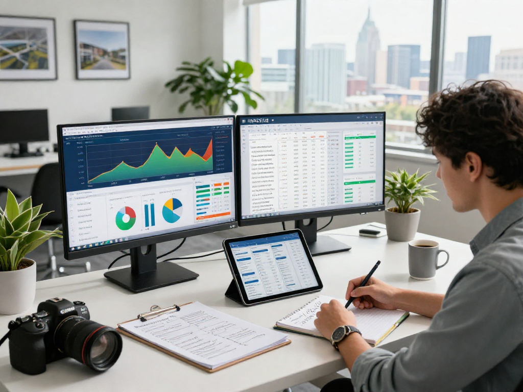 Real estate analyst using IDXSTAR technology in a modern office setting.