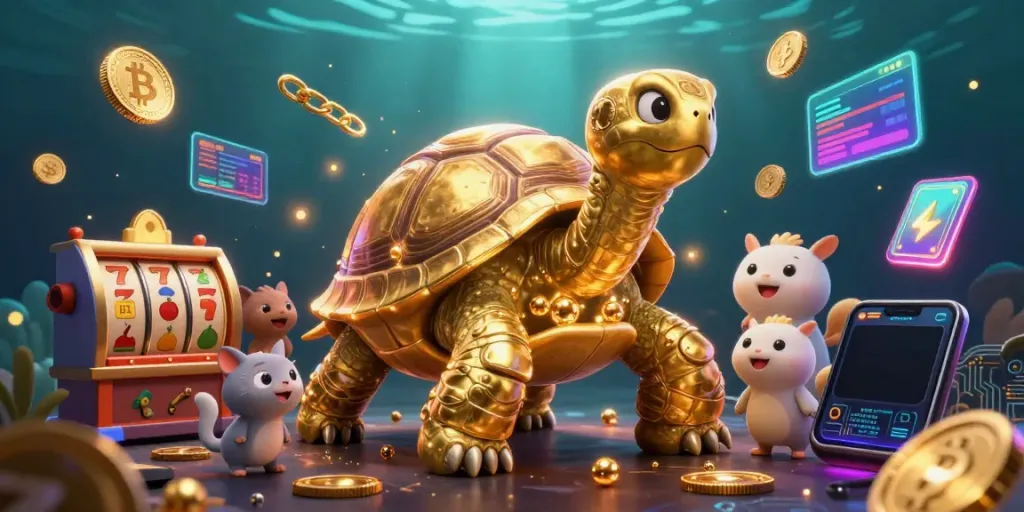 Experience thrilling slot gameplay with a golden tortoise pinball machine and cheerful animals.