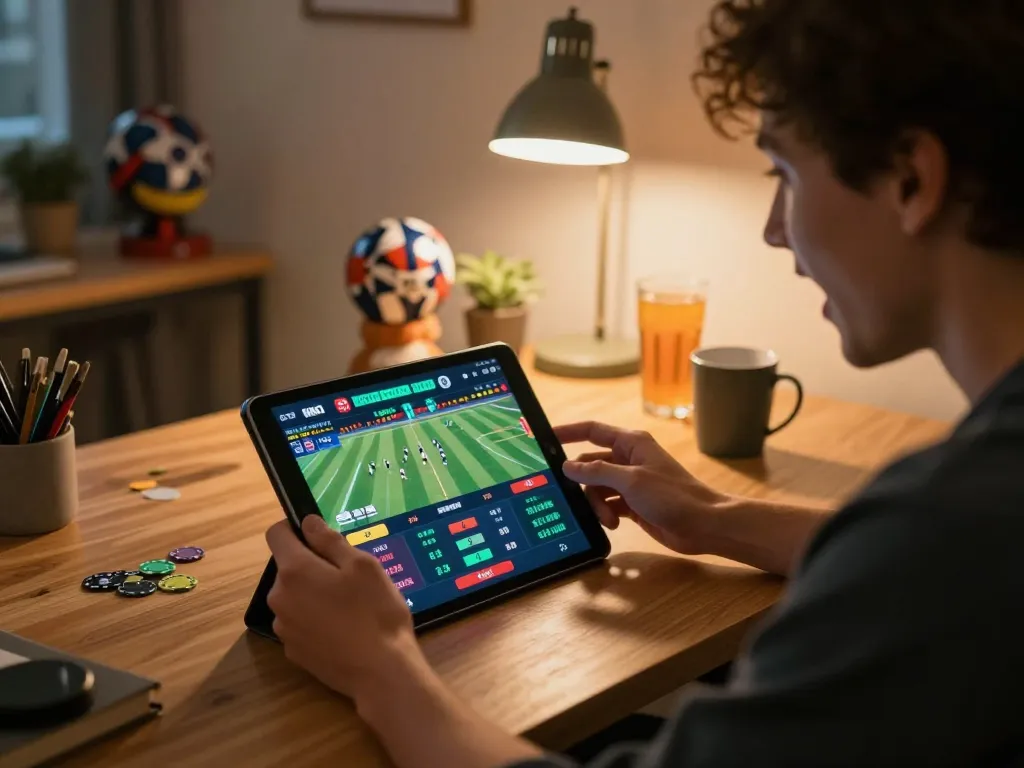 Player placing bets on FLY88 sports betting app, showcasing live odds and engaging experience in a cozy setting