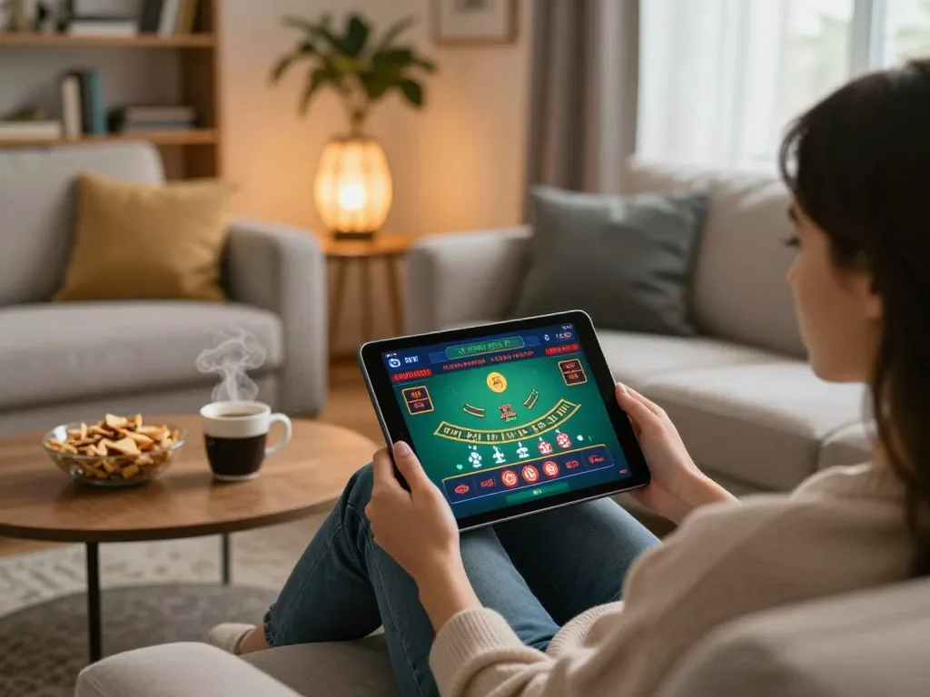 Engaging in a casino live online experience with a tablet on a cozy sofa, showcasing vibrant play.