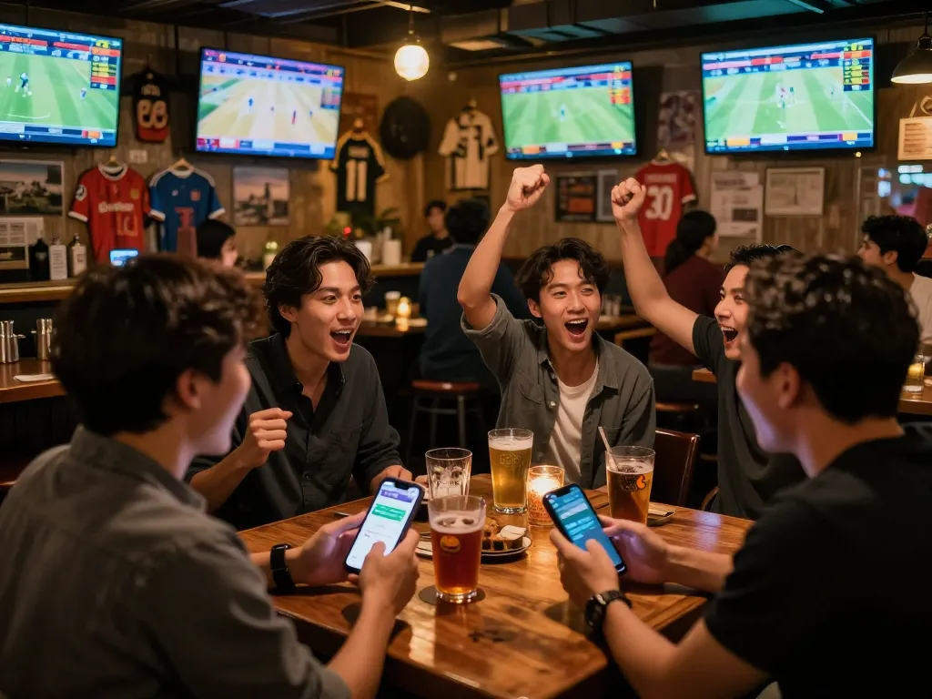 Fans energetically placing bets on keonhacai while watching live sports in a vibrant bar setting.