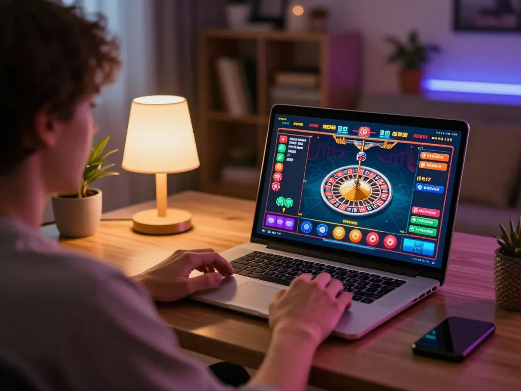 Engaging in an online RR99 casino game on a laptop, strategic focus on roulette gameplay.