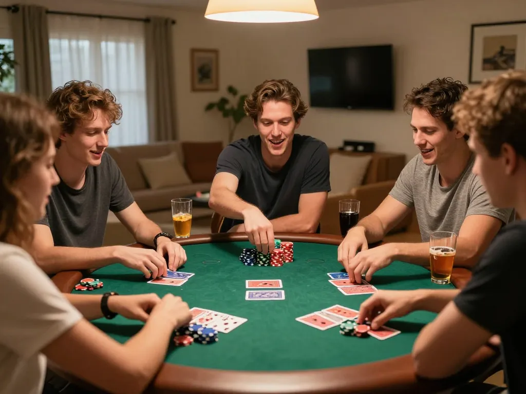 Bong88 players enjoy a friendly home poker game with colorful chips and exciting moments.