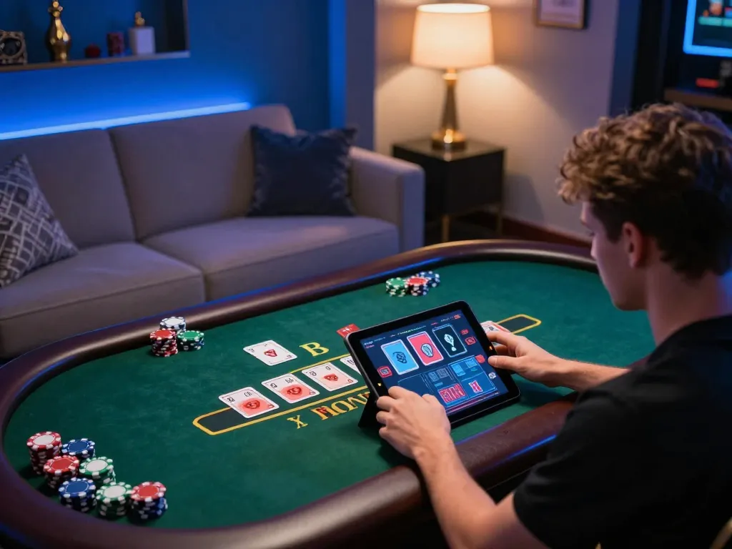 Engaged player enjoying a live dealer blackjack game at TG88 casino on a tablet, in a stylish room setting.