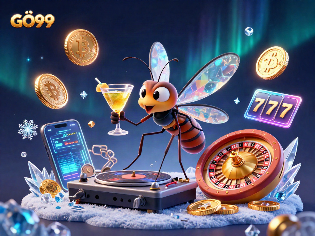 GÔ99 showcases a lively scene of gaming fun with a frozen mosquito, trilobite DJ, and golden roulette.