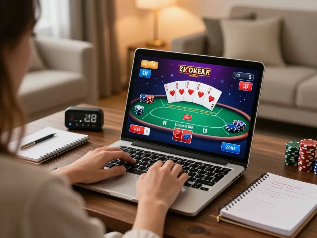 Engaging gaming experience at QQ88 with a player using a laptop for casino gameplay.