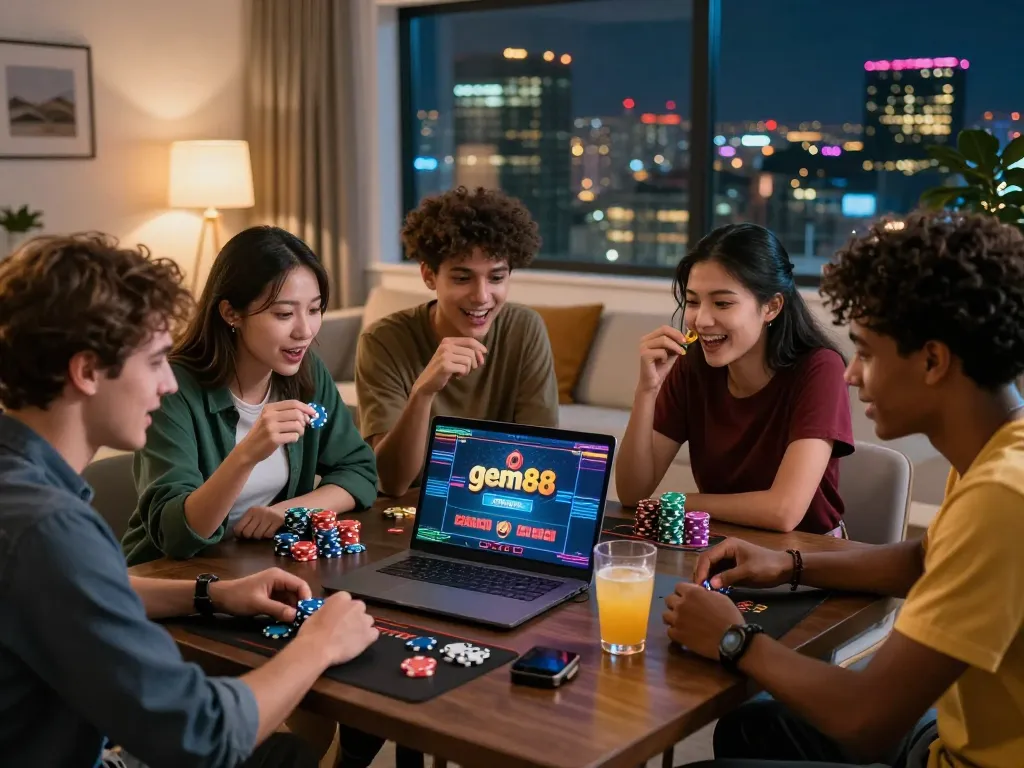Exciting moment of friends strategizing gem88 online gaming with casino chips in a warm home setting