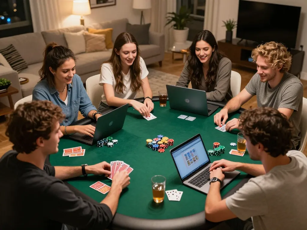 Friends enjoying an exciting home poker night while playing 88aa, analyzing cards and chips.