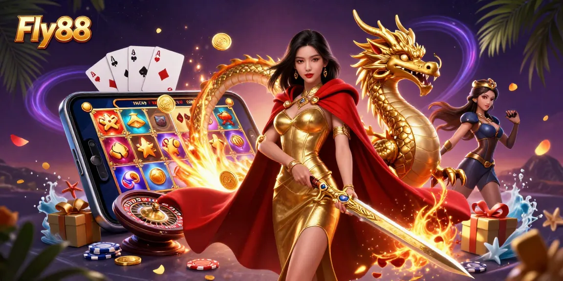 Engage with Fly88's exciting slots and gaming experience, featuring a spectacular warrior queen and dragon.