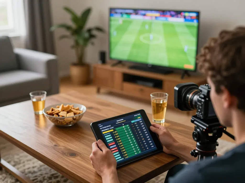 Engaging sports betting scene showcasing soi kèo nhà cái activity on tablet amid snacks, creating a dynamic home atmosphere