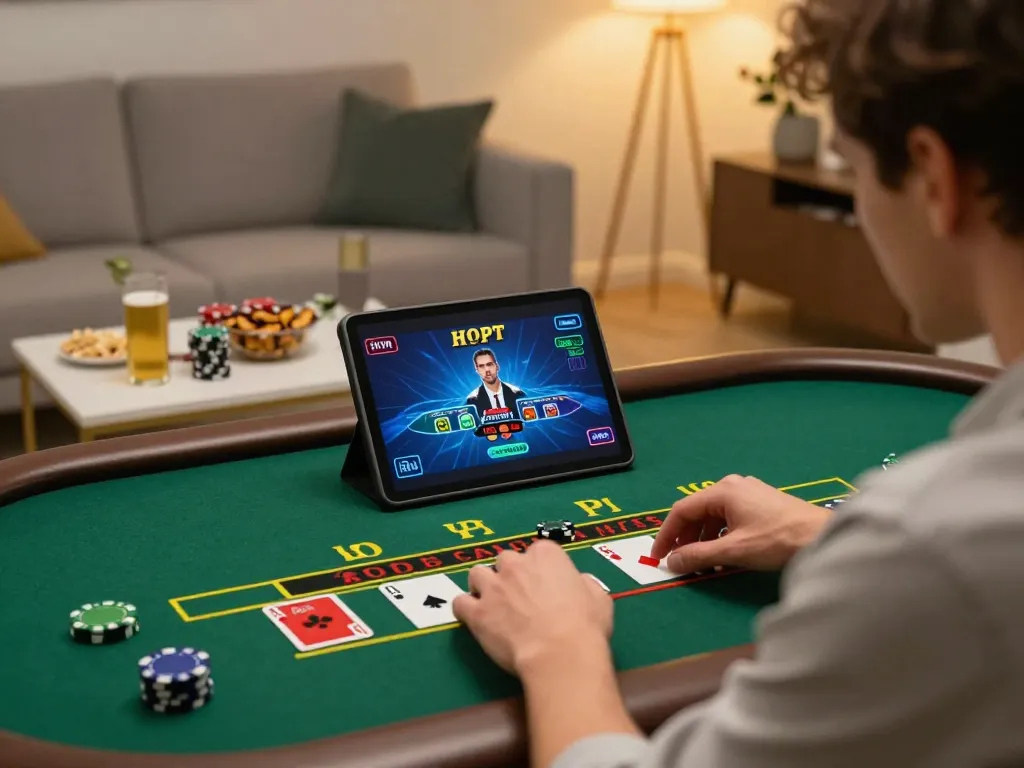 SHBET player engaged in live blackjack on tablet, capturing the thrill of online gaming.
