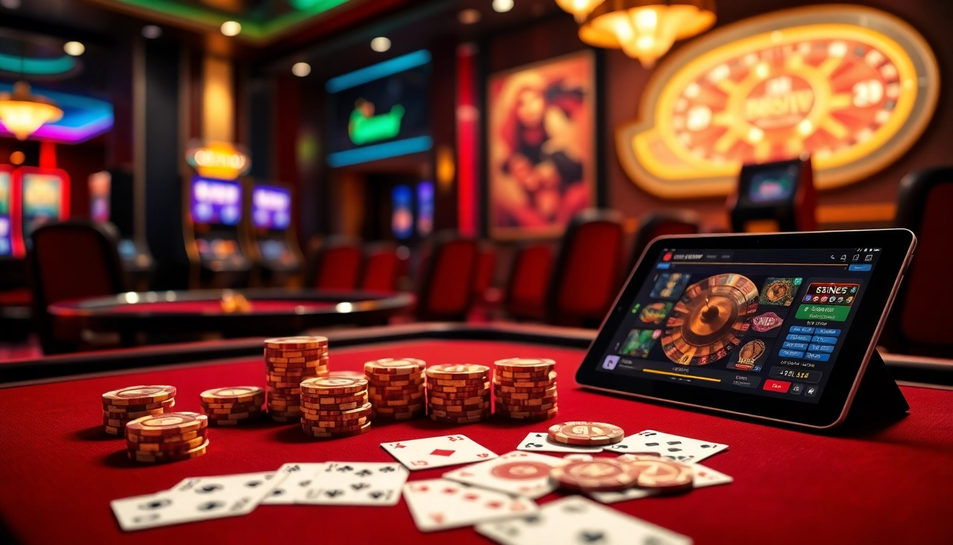 Experience high-stakes gambling at the luxurious 888NEW casino with vibrant slot machines and a sleek poker table.