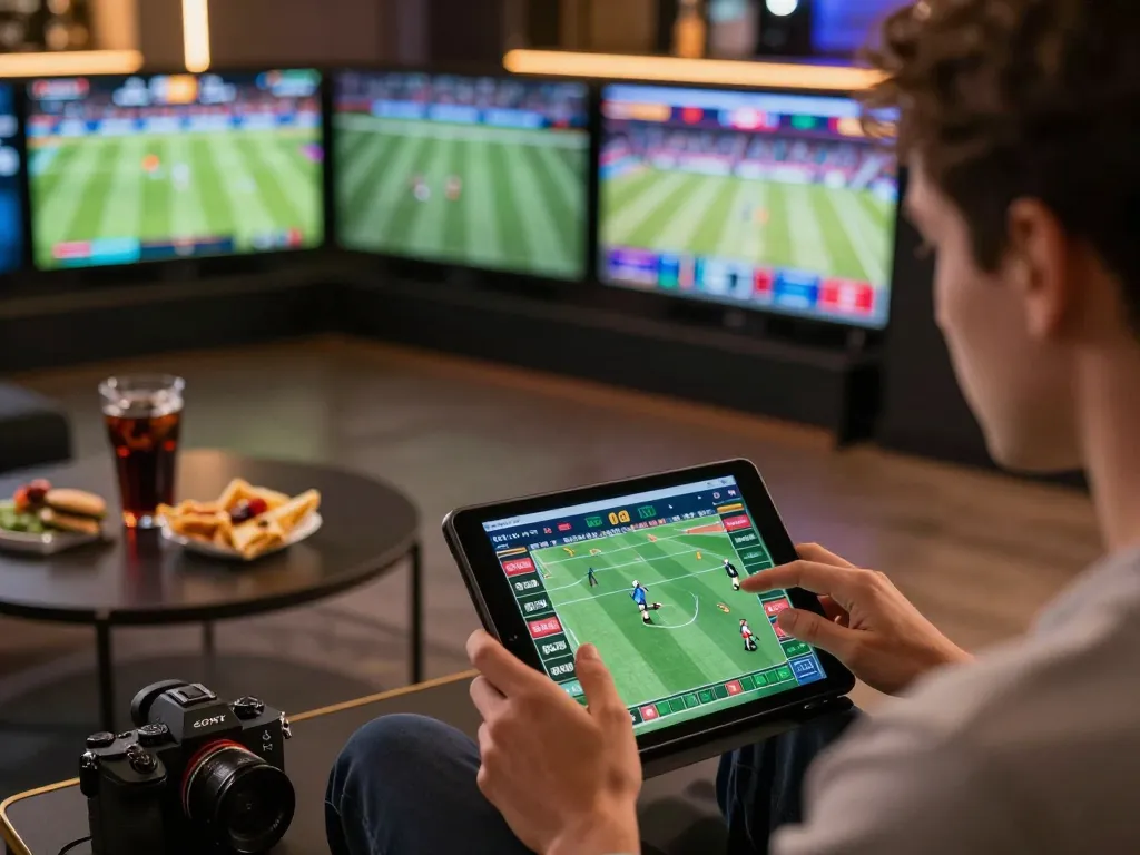 Engaging sports betting action at Nhà cái DU88 with modern screens and a tablet in use.