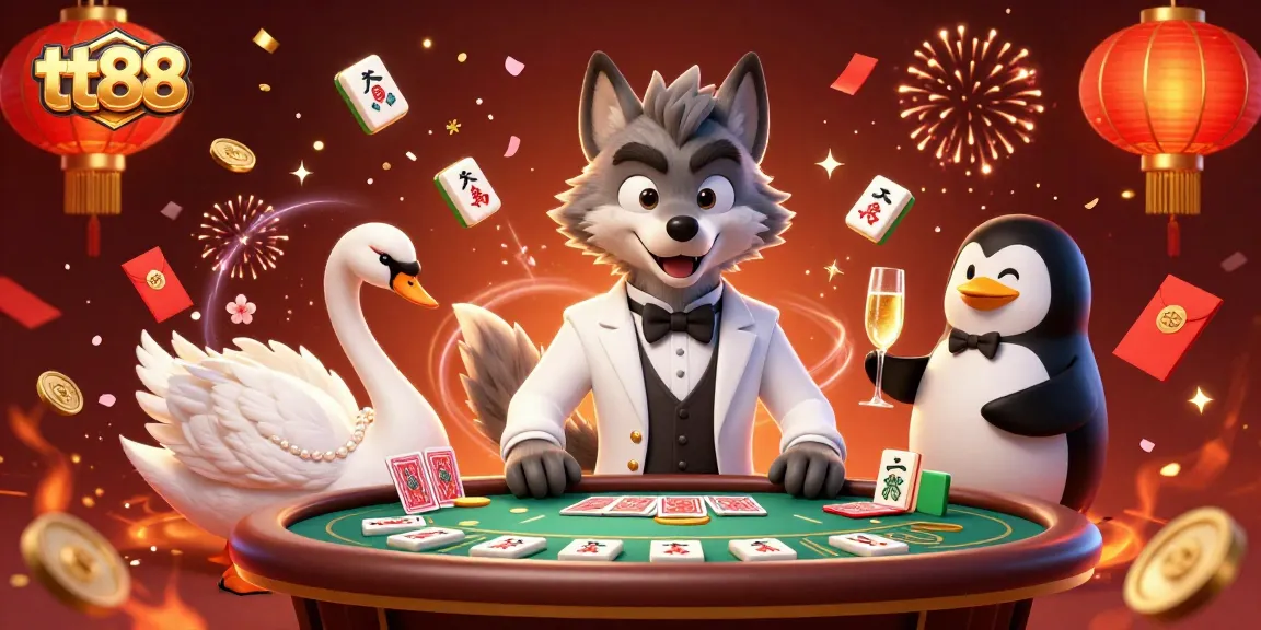 Engage in vibrant gameplay at tt88 with a debonair wolf, elegant swan, and sophisticated penguin in a sparkling casino scene.