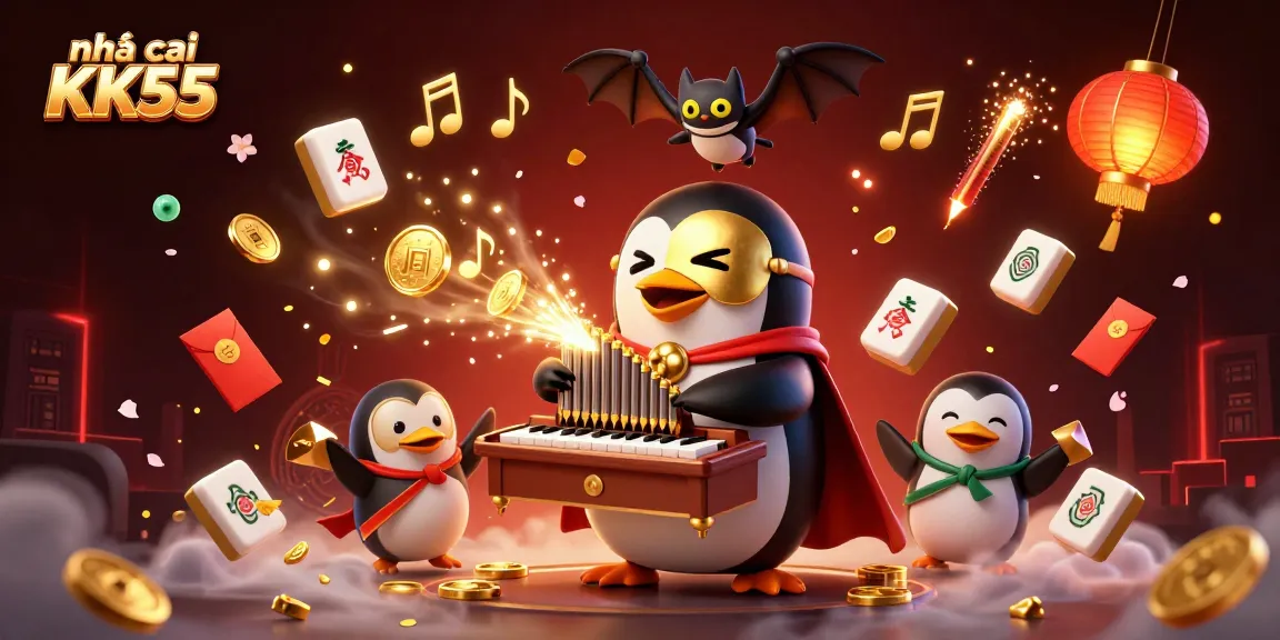 Engage with nhà cái KK55 as the penguin plays an organ creating coins amidst fireworks and festive decorations.