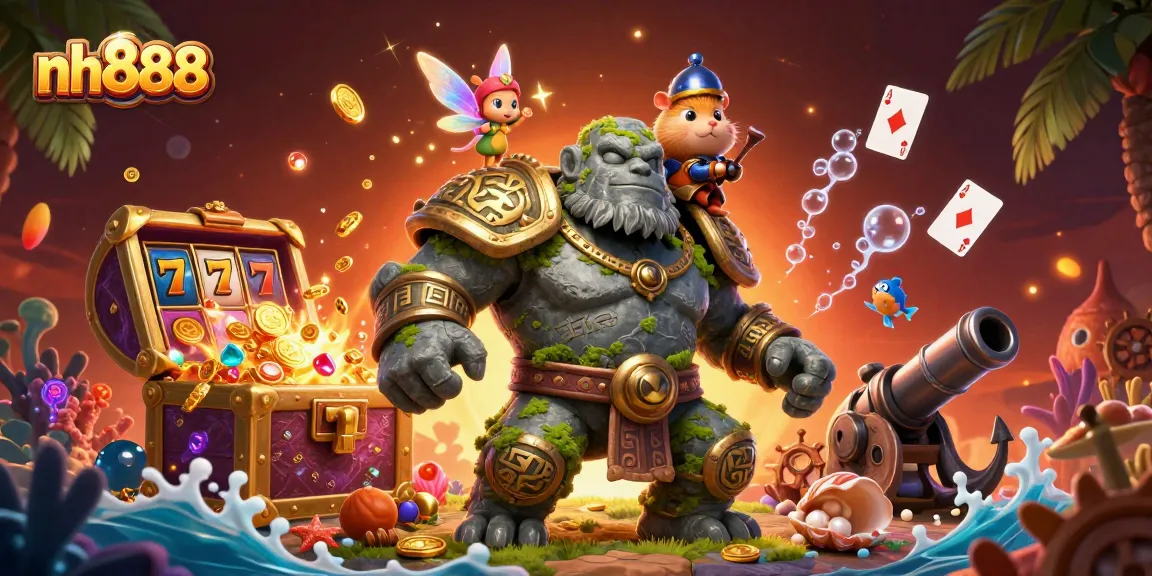 Join the action at nh888 with a magical golem, fairy, and hamster knight amidst exploding slot reels and treasure!