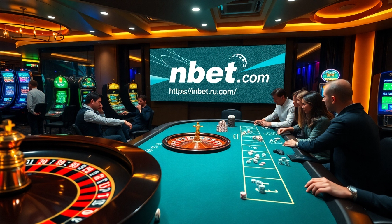 Betting excitement at https://nbet.ru.com/ with roulette wheel and poker table in a luxurious casino scene.