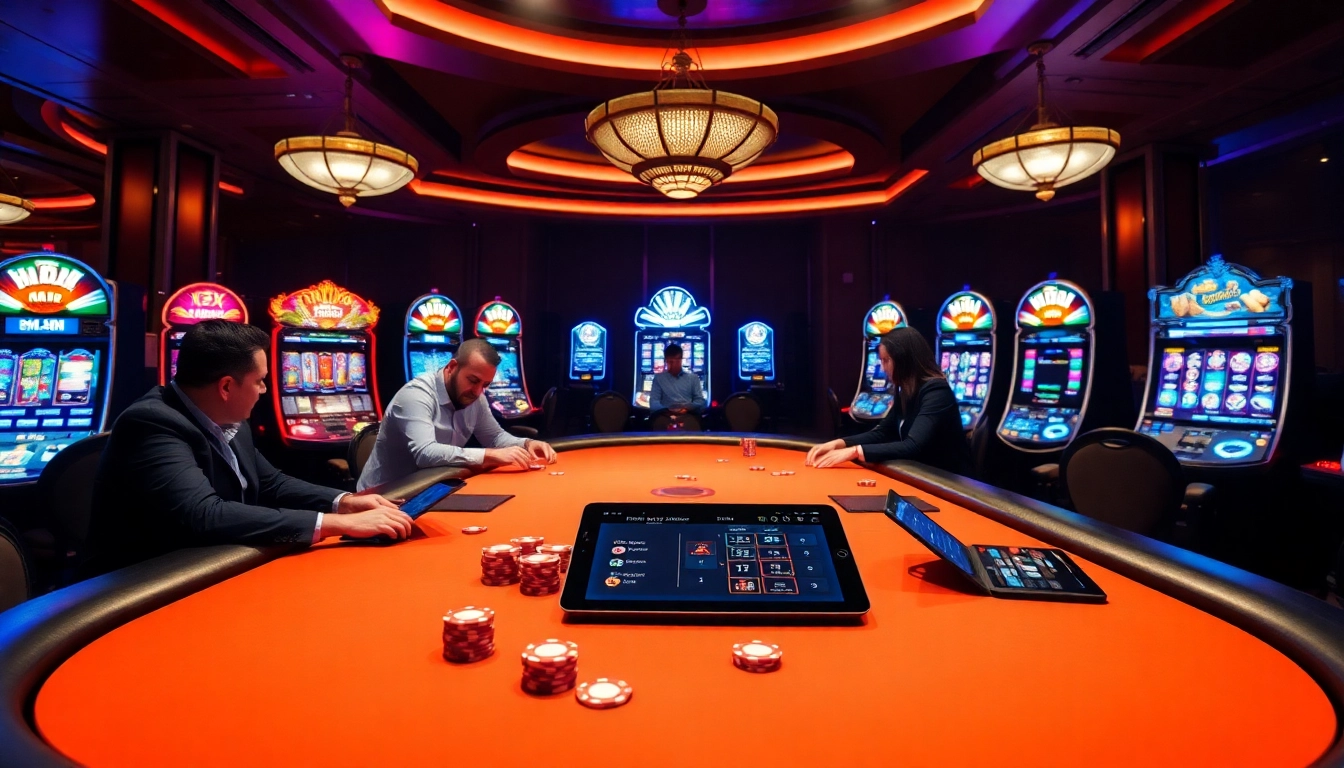 Players betting big at a stylish hm88 poker table in a bustling casino atmosphere.