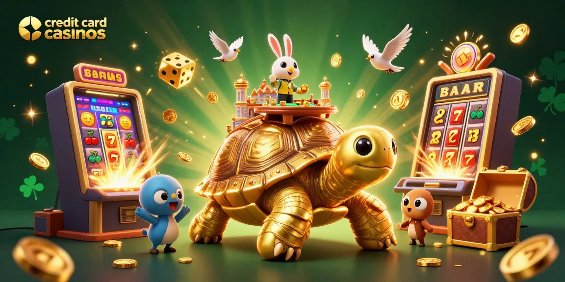 Experience exciting credit card casinos with a vibrant 3D scene featuring golden elements and interactive game elements